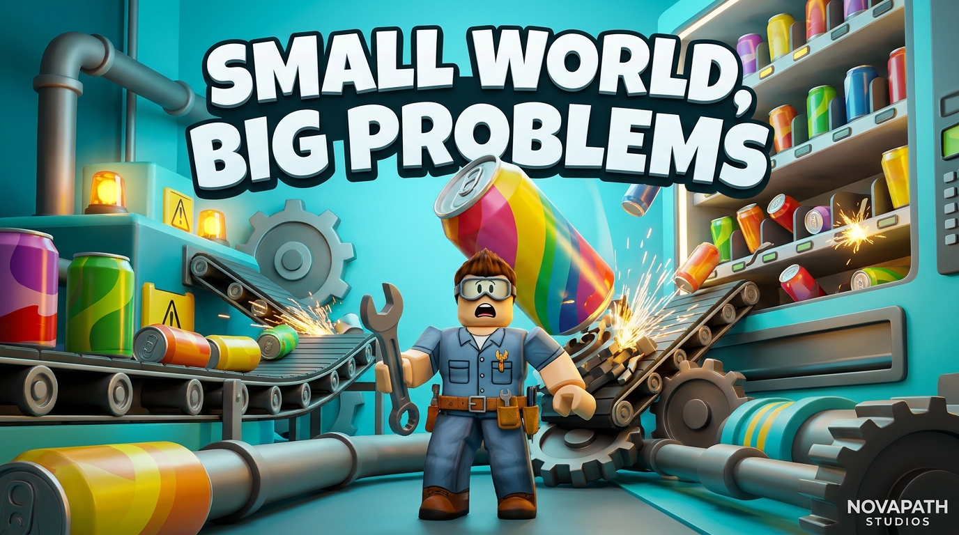 Small World, Big Problems key art — a Roblox mechanic caught in a soda can factory mishap